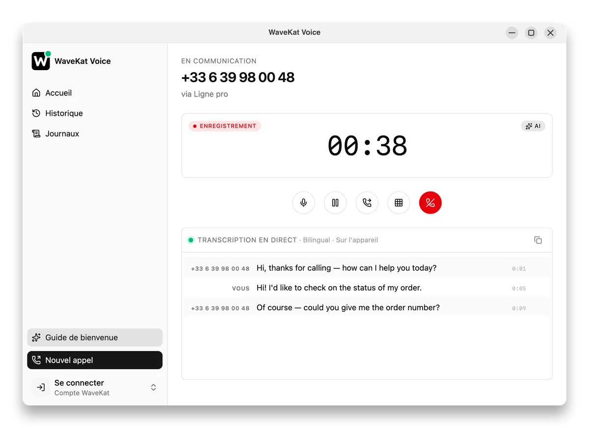 WaveKat Voice pendant un appel, avec la transcription rédigée en temps réel