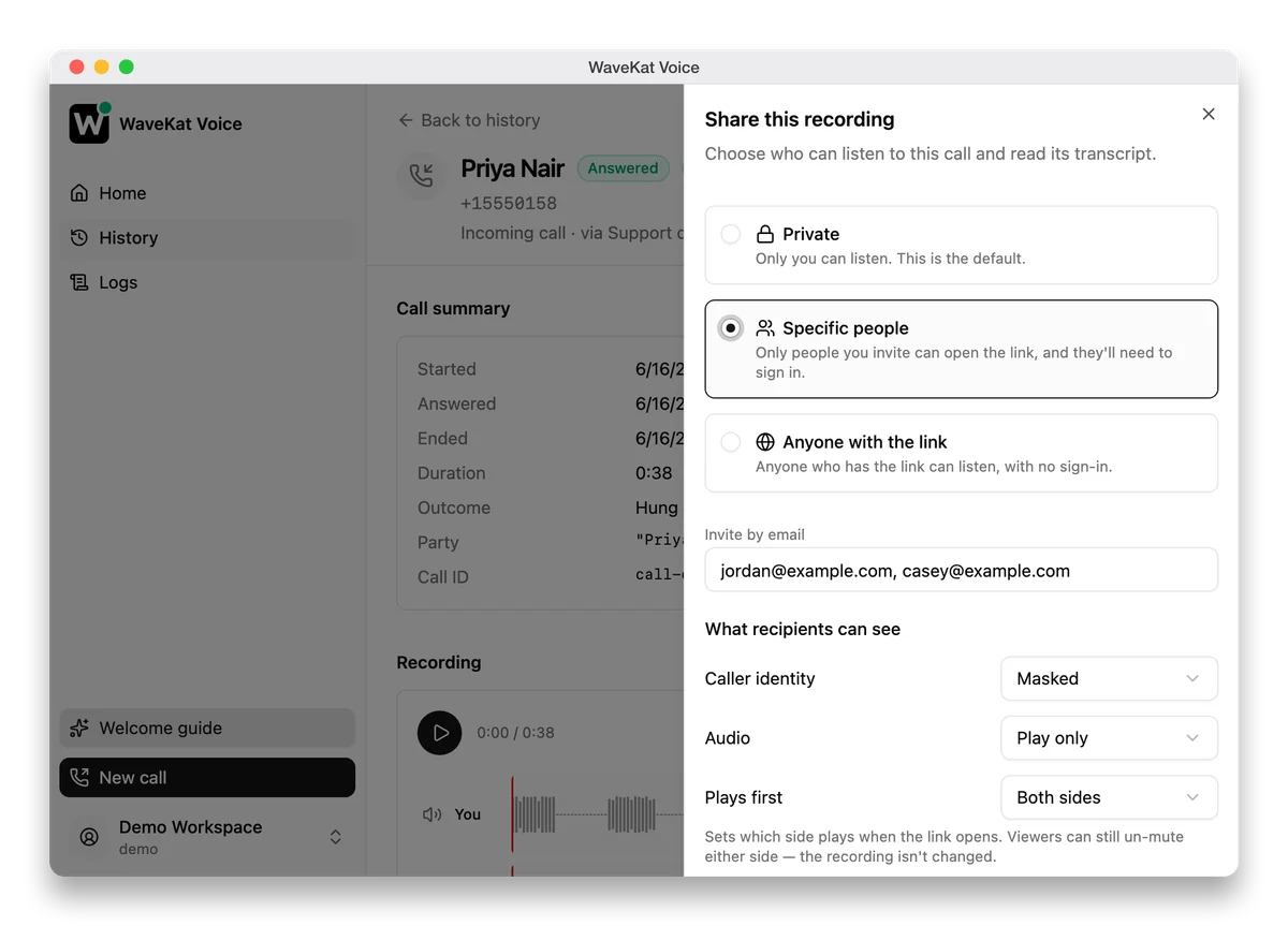 WaveKat Voice on Mac — the Share panel on a recorded call: the three access levels, an invite field, and the controls for what recipients can see.